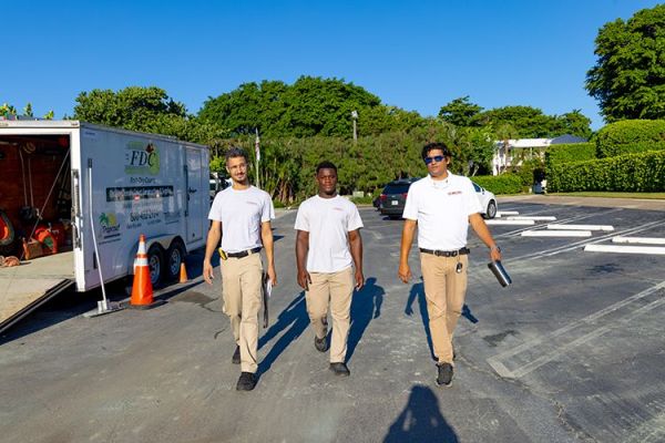 Three workers walking together outside near a parked trailer.