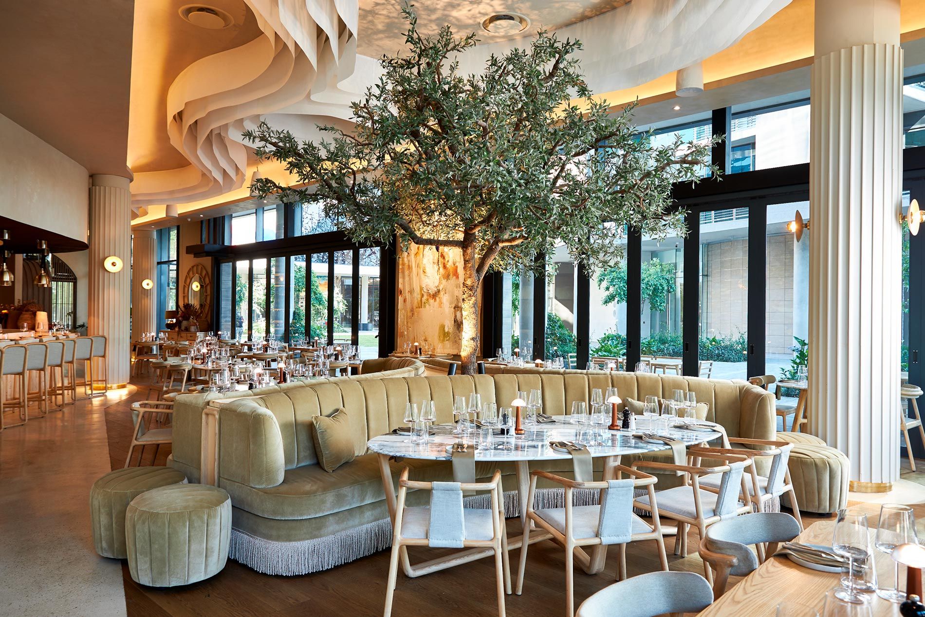 A stylish restaurant interior featuring a central tree, elegant furniture, and warm lighting.